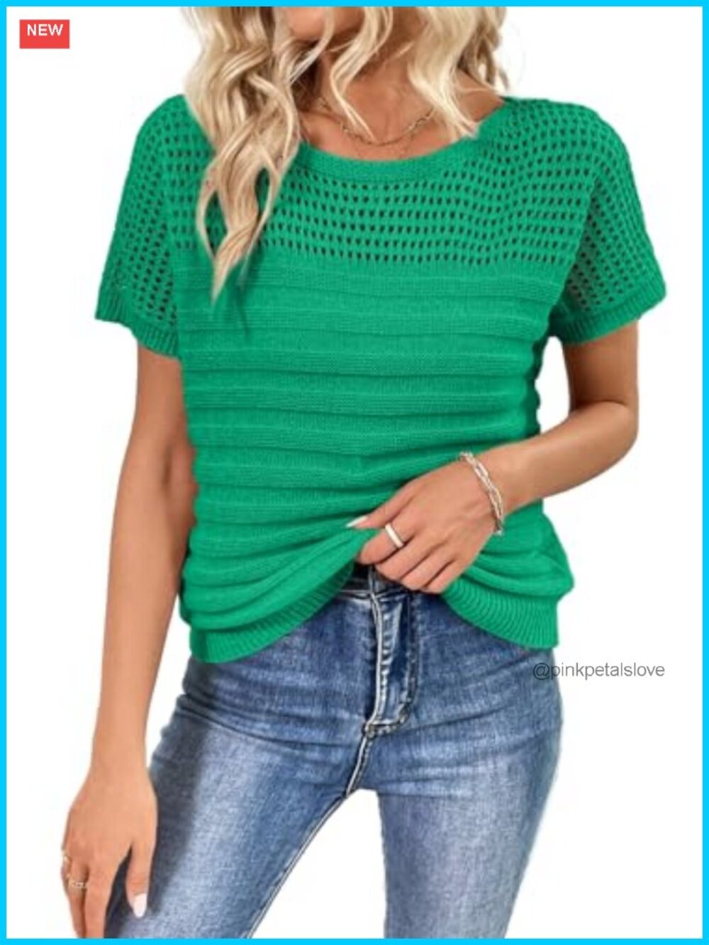 Hollow Out Crochet Knit Crew Neck Short Sleeve Sweater